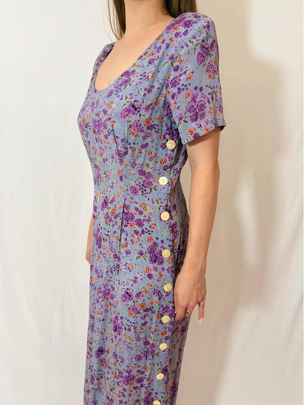 Retro Light Purple Floral Vintage Rayon Prairie Picnic Casual Dres